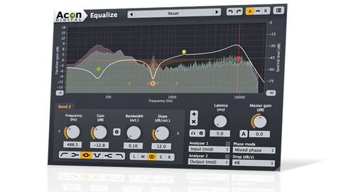 Equalize can run a maximum of 12 bands per instance, added and removed by double-clicking the curve display