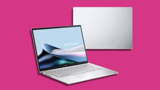 silver laptop against pink background