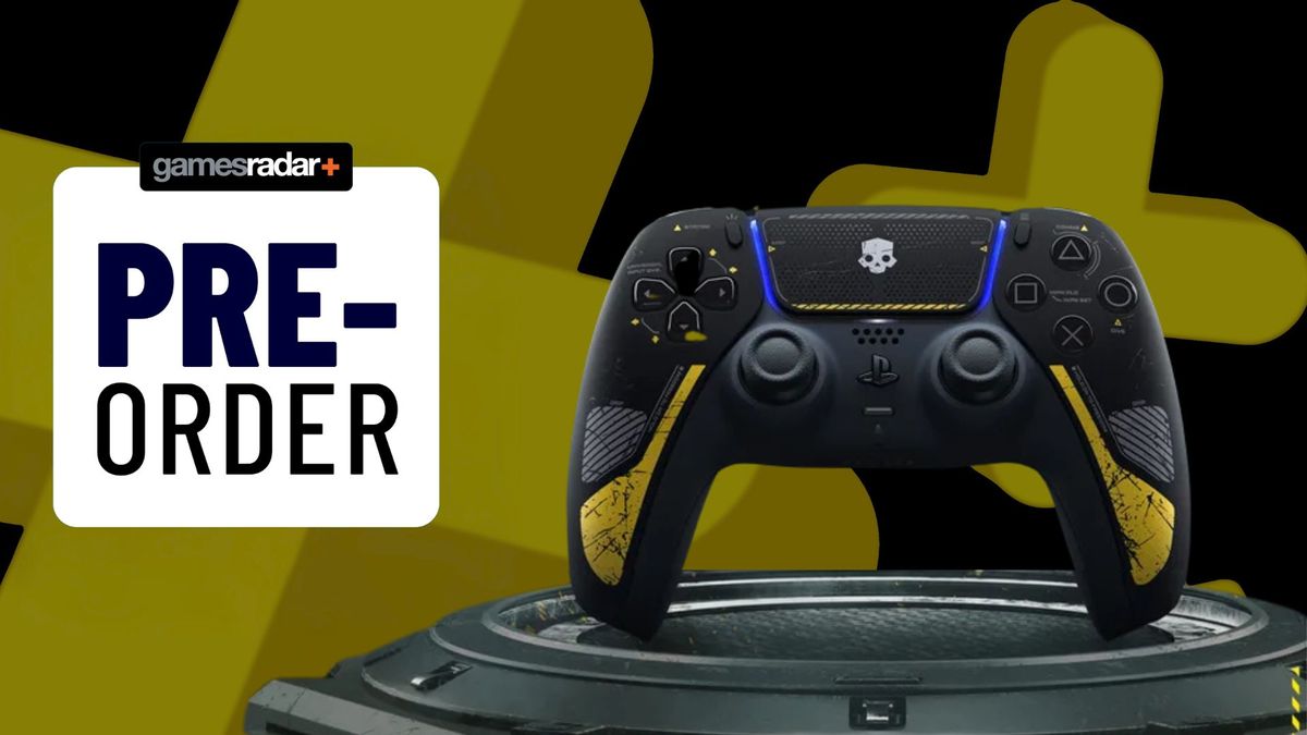 A Helldivers 2 Limited Edition DualSense controller on a black and yellow background, next to a GamesRadar+ pre-order badge