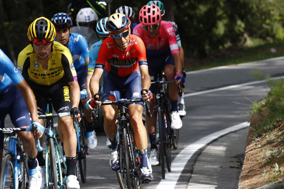 Vincenzo Nibali (Bahrain Merida) follows Primoz Roglic (Jumbo Visma)