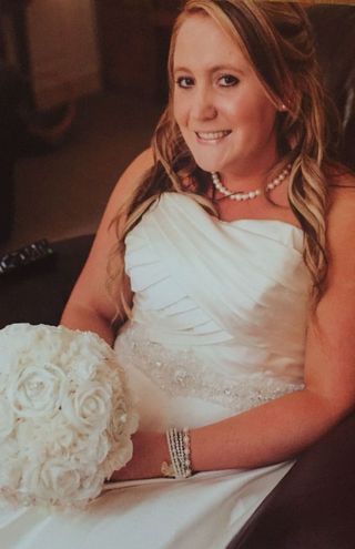 Cancer survivor: Samantha O'Neill, 28 wearing white wedding gown with bouquet