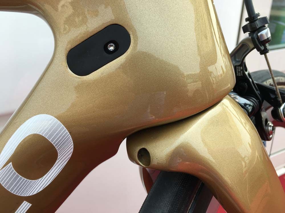 A detail of the head tube and fork area