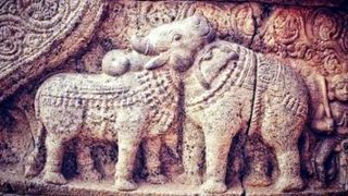 an optical illusion with an elephant and bull carved into stone