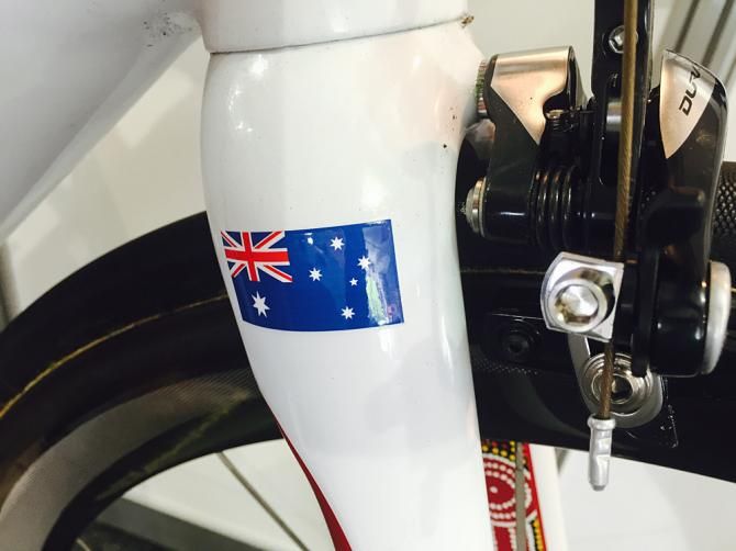 Australian flag on the fork of Cadel Evans farewell Teammachine SLR01