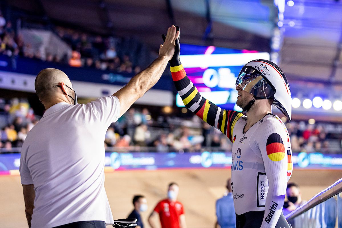 Picture by Alex Whitehead/SWpix.com - 04/12/2021 - Cycling - UCI Track Champions League Round 4 - London / Lee Valley VeloPark, London, England - Germany's Stefan Botticher is congratulated by coaching staff.