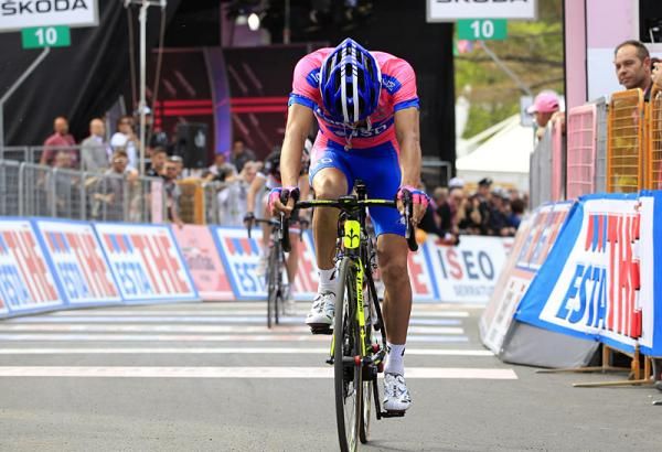 Michele Scarponi (Lampre-ISD) crosses the finish line in second place.