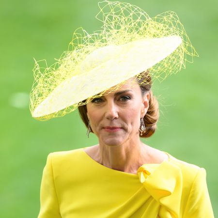 Princess Kate Middleton wears a canary yellow Roksanda dress and a matching hat with netting to attend day two of Royal Ascot 2026 at Ascot Racecourse on June 17, 2026 in Ascot, England