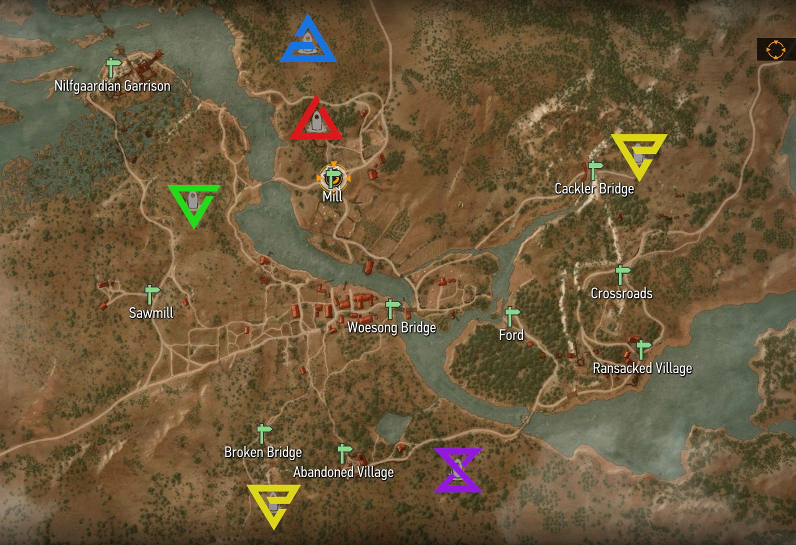 The Witcher 3 - An annotated map of White Orchard showing places of power as written below in text.