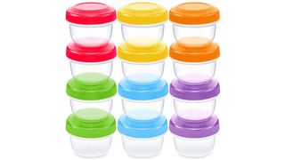 Stack of clear plastic baby food containers with colorful lids.