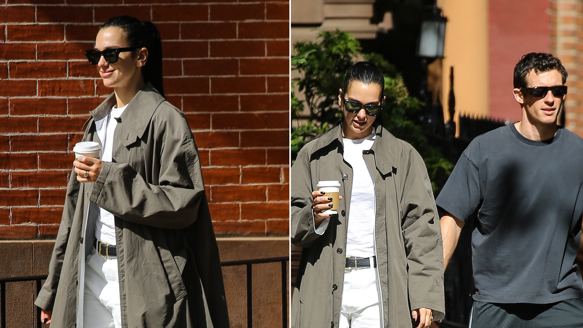 Dua Lipa wears white pants with an anti trend trench coat and black boots while walking with husband Callum Turner