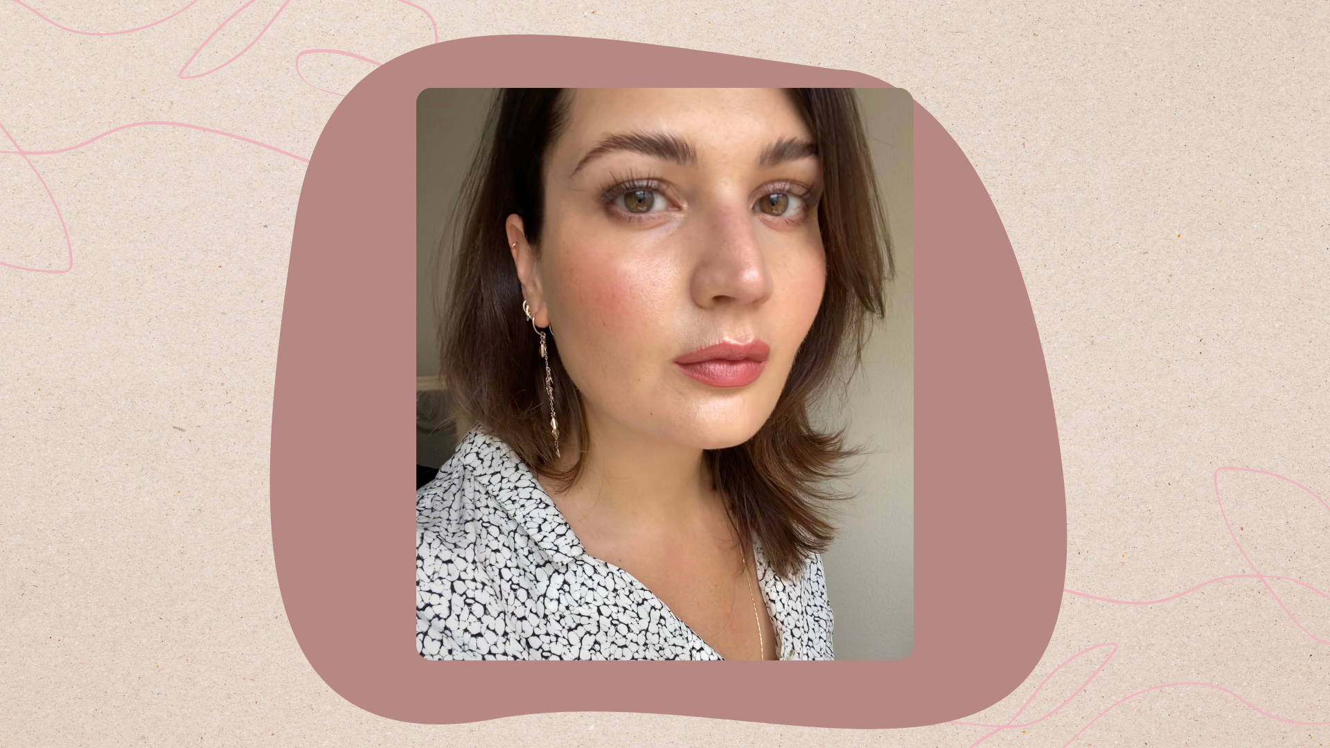 Image of beauty journalist Madeleine against a dark pink abstract shape on a beige background with two pink single line illustrations