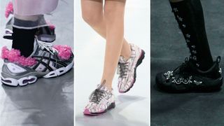composite of embellished trainers on the runway