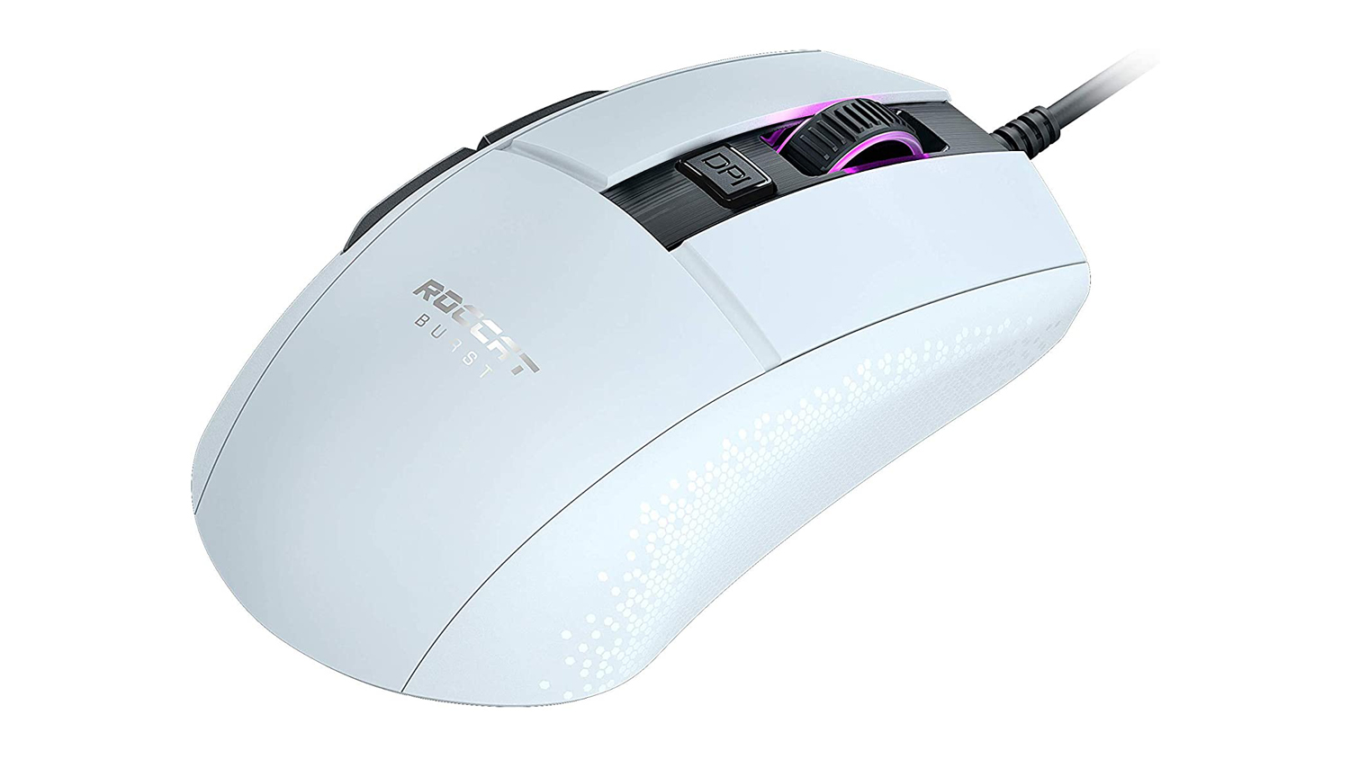 Roccat Burst Core with its wheel RGB lighting turned on, on a white background