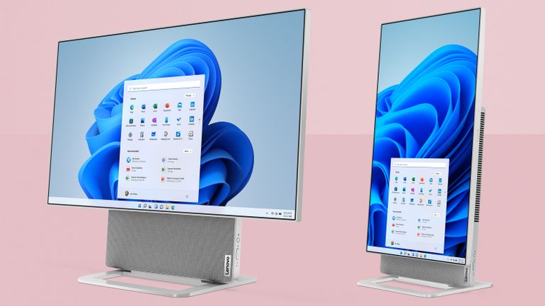 Lenovo Yoga AIO 7 with screen in vertical and horizontal positions on T3 pink background
