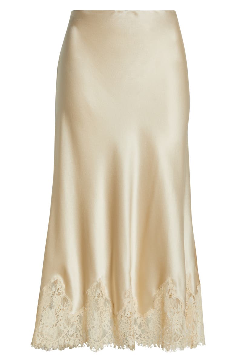 Lace trim silk midi skirt