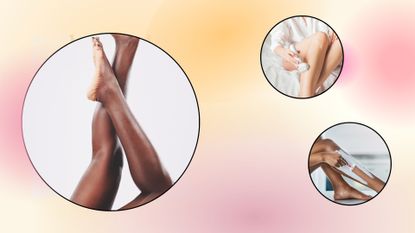 collage of images showing smooth legs, epilating and waxing separately to illustrate hair removal at home