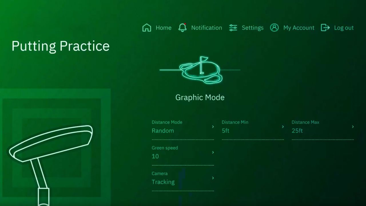 Photo of the putting selection settings screen on the Square Golf Launch Monitor