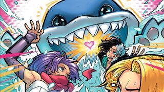 Jeff the Landshark swallowing up Luna Snow, Emma Frost, and Psylocke on the cover of Marvel Rivals: Timestream Adventure