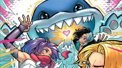 Jeff the Landshark swallowing up Luna Snow, Emma Frost, and Psylocke on the cover of Marvel Rivals: Timestream Adventure