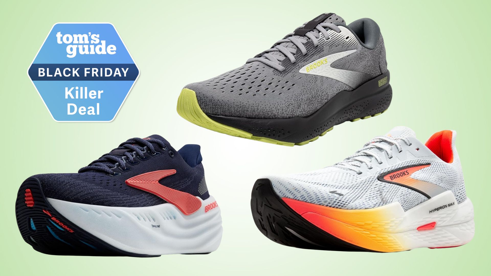 a selection of Brooks running shoes next to a Tom&#039;s Guide Black Friday Killer Deal label