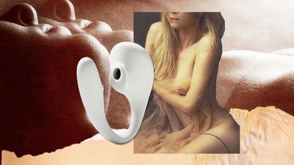 collage of a vibrator, a nude woman, and a face