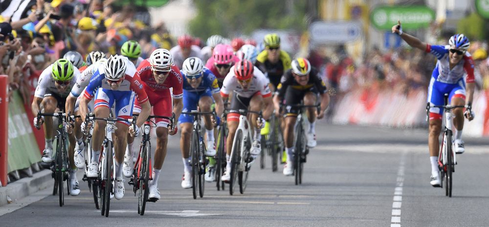 Groupama-FDJ celebrate as Arnaud Demare wins stage 18 at the Tour de France