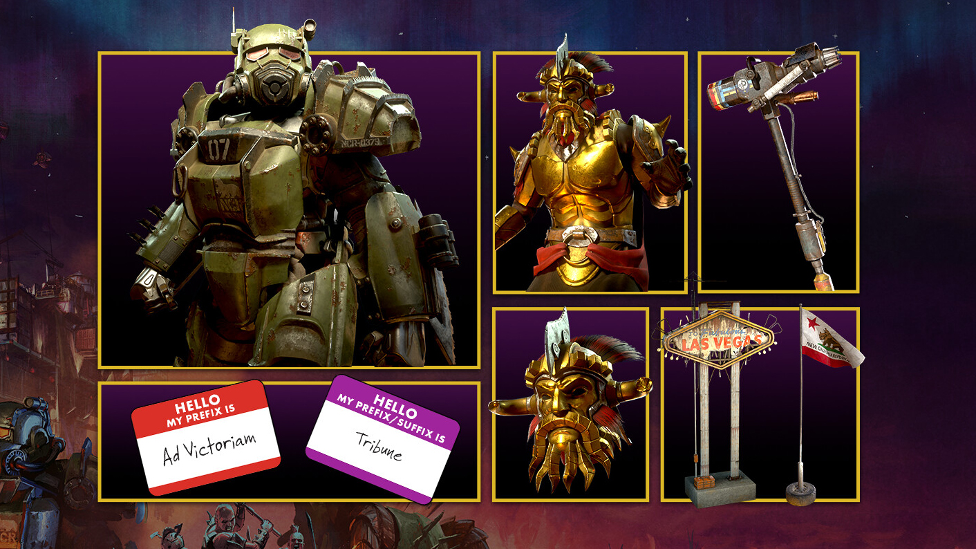 Mojave Bundle showing armor, costume, camp decor, and super sledge