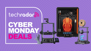 3D printers from Bambu Lab, Creality, and Elegoo on a purple background next to a TechRadar badge reading 'Cyber Monday deals'