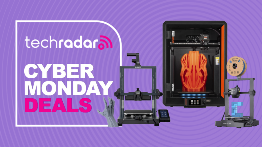 3D printers from Bambu Lab, Creality, and Elegoo on a purple background next to a TechRadar badge reading &#039;Cyber Monday deals&#039;