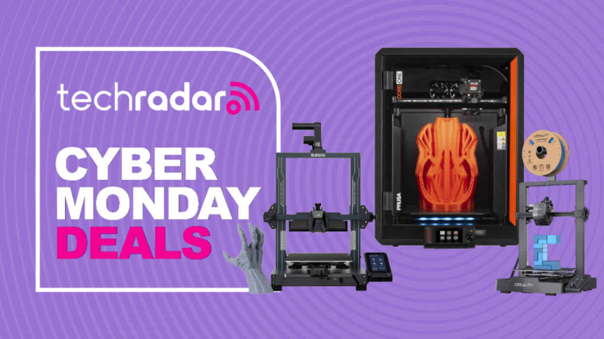 3D printers from Bambu Lab, Creality, and Elegoo on a purple background next to a TechRadar badge reading &#039;Cyber Monday deals&#039;