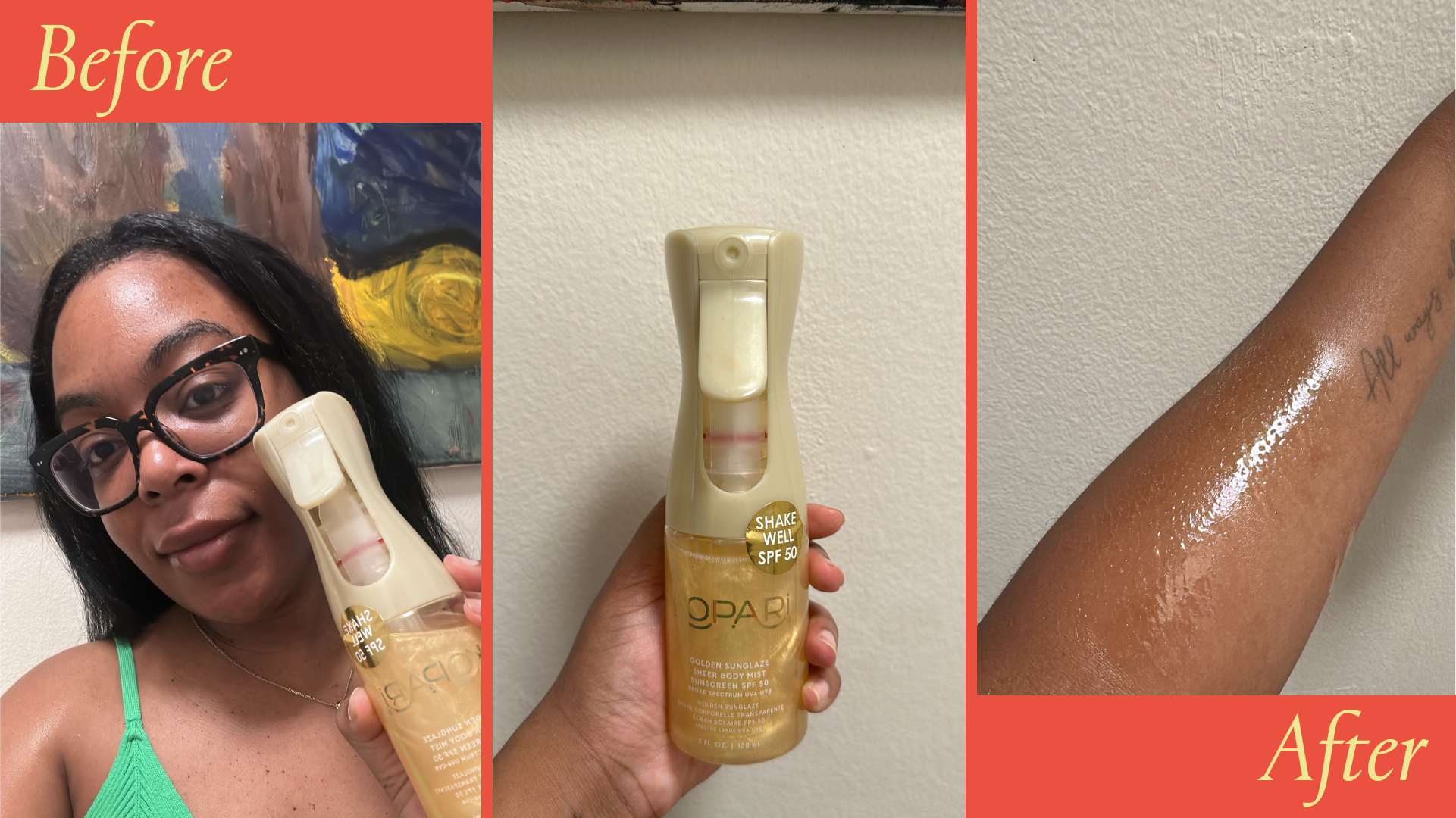 Ariel Baker testing Kopari's Golden Sunglaze Sheer Body Mist Sunscreen Spf 50.