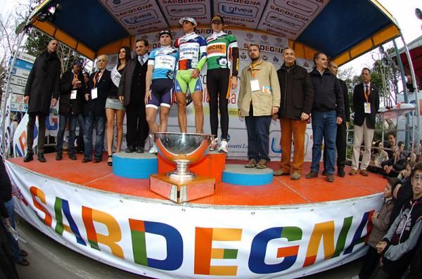 Jersey holders on the podium after stage three (l-r): Giairo Ermeti, sprint leader; Roman Kreuziger, overall leader; Przemyslaw Niemiec, mountains leader.