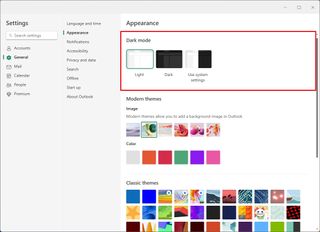 Outlook dark and light modes
