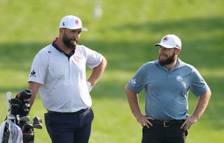 Jon Rahm (left) and Tyrrell Hatton before the 2025 Hero Dubai Desert Classic