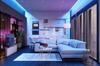 blue LED lighting in open plan kitchen and living room