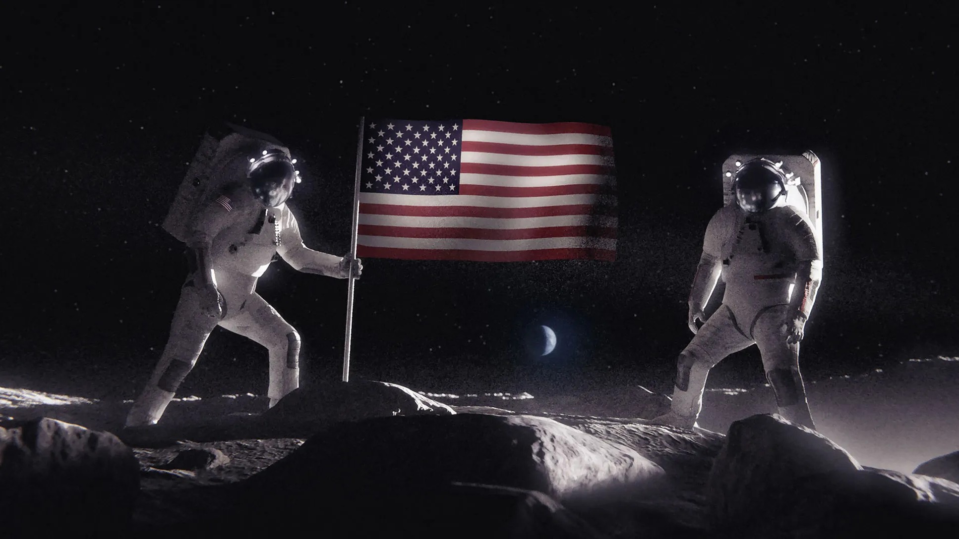 A concept image of NASA astronauts in spacesuits planting the American flag on the lunar South Pole. 