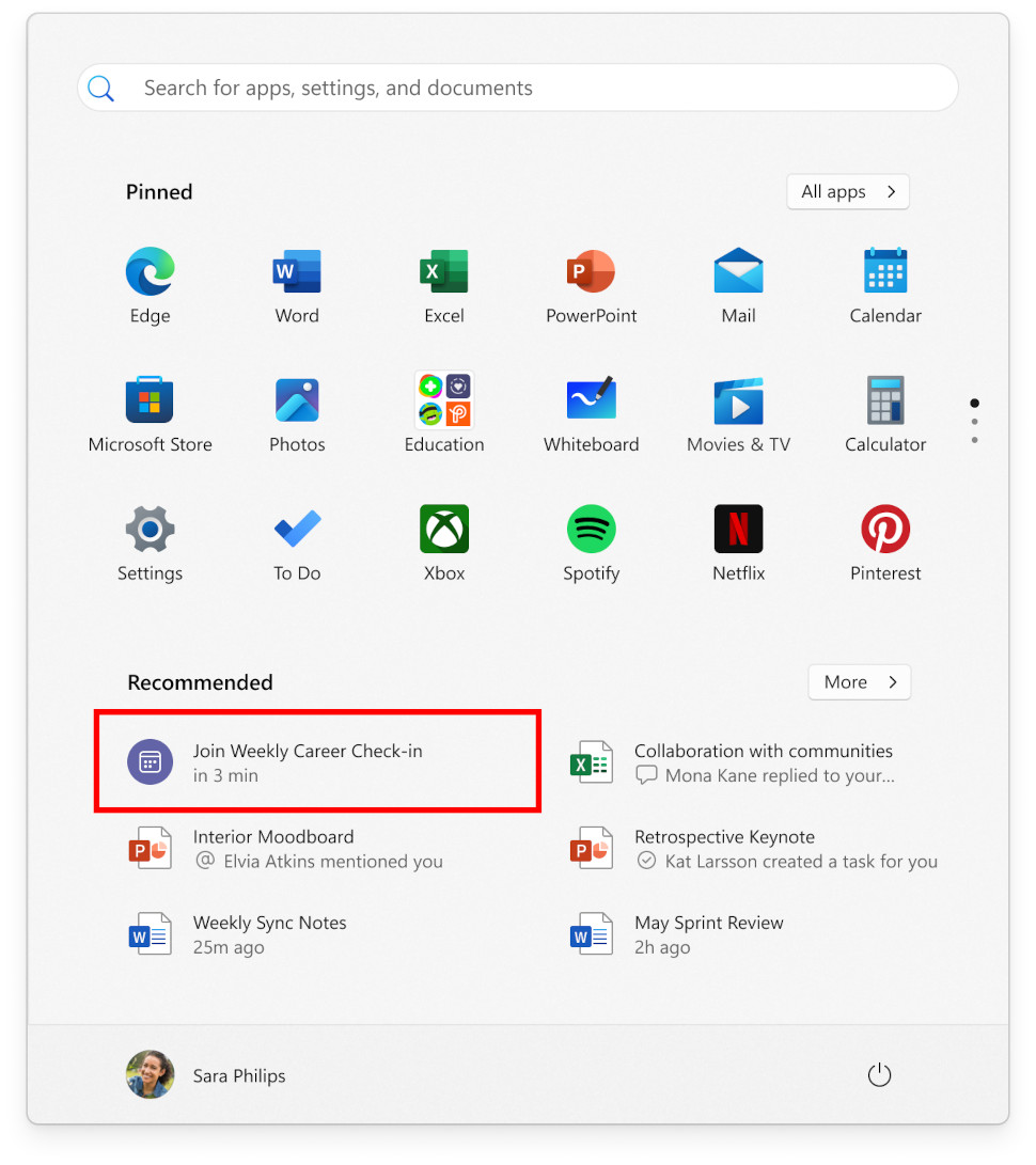Microsoft Teams reminders in Windows 11 start menu