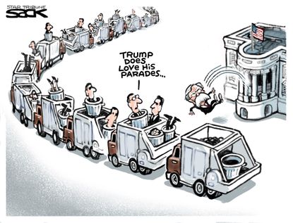 Political Cartoon U.S. Trump John Bolton firing parade