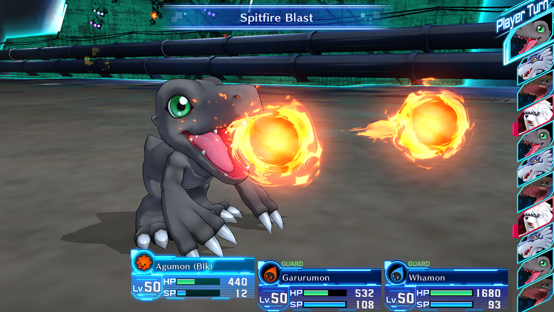 Agumon (Black) uses Spitfire Blast in Digimon Story: Cyber Sleuth
