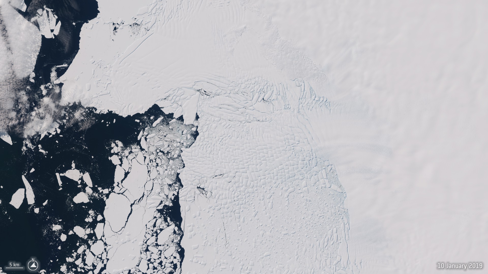A satellite image of the Thwaites Glacier captured by the Copernicus Sentinel-2 mission on 11 September 2019.