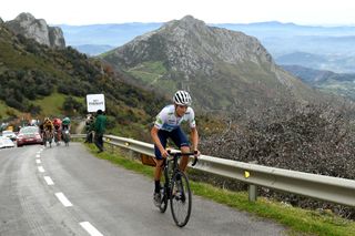 ALTODELANGLIRU SPAIN NOVEMBER 01 Enric Mas Nicolau of Spain and Movistar Team White Best Young Jersey Breakaway Mountains Landscape during the 75th Tour of Spain 2020 Stage 12 a 1094km stage from Pola de Laviana to Alto de lAngliru 1560m lavuelta LaVuelta20 La Vuelta on November 01 2020 in Alto de lAngliru Spain Photo by David RamosGetty Images