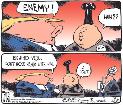 Political cartoon U.S. Trump Kim Jong Un fake news media free press