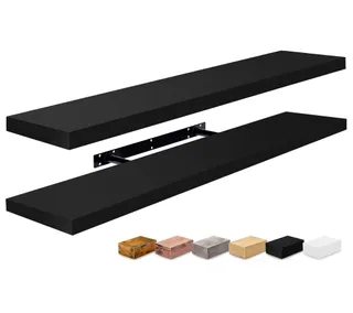 Two black Long Floating Shelves with hardware, and six other color options in small squares on bottom right including pine, white and gray.