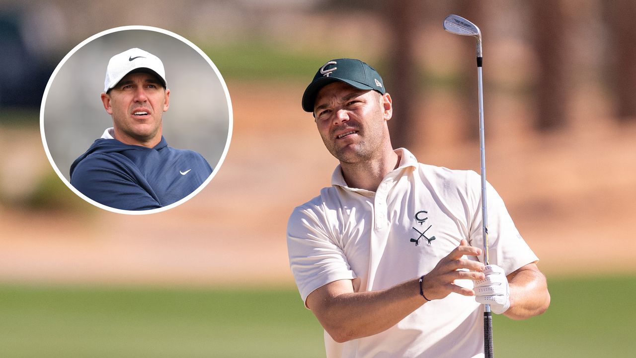 Main image of Martin Kaymer hitting a wedge shot with an inset image of Brooks Koepka