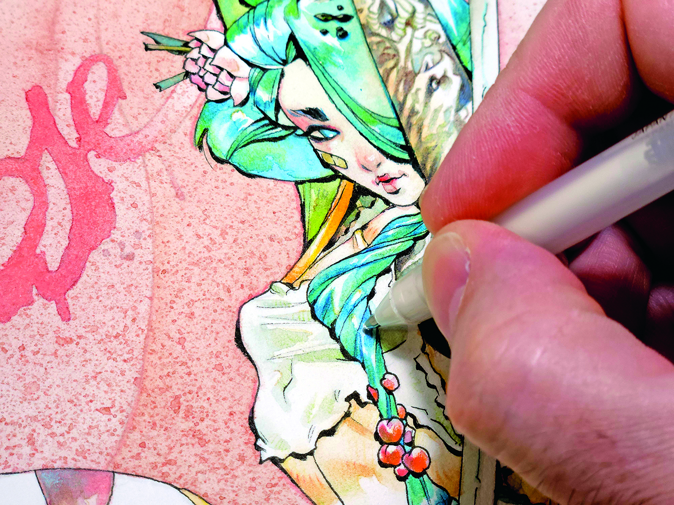 Watercolour geisha; painting details