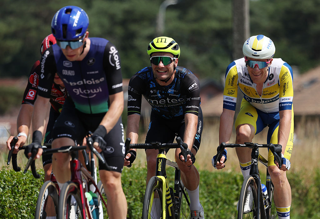 PUTTE, BELGIUM - JUNE 19: (L-R) Casper Van Der Woude of Netherlands and Team Metec - SOLARWATT p/b Mantel and Alex Colman of Belgium and Team Flanders - Baloise compete in the breakaway during the 94th Baloise Belgium Tour 2025, Stage 2 a 194.4km stage from Beringen to Putte on June 19, 2025 in Putte, Belgium. (Photo by Rhode Van Elsen/Getty Images)