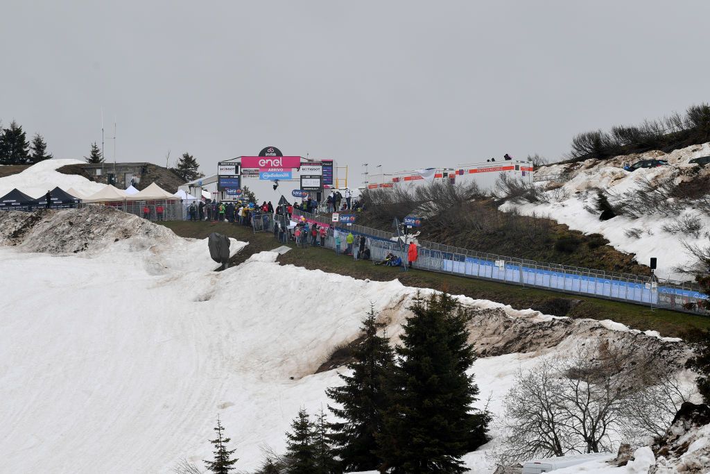 MONTE ZONCOLAN ITALY MAY 22 Snowy view of Monte Zoncolan finish area during the 104th Giro dItalia 2021 Stage 14 a 205km stage from Cittadella to Monte Zoncolan 1730m Fog UCIworldtour girodiitalia Giro on May 22 2021 in Monte Zoncolan Italy Photo by Stuart FranklinGetty Images