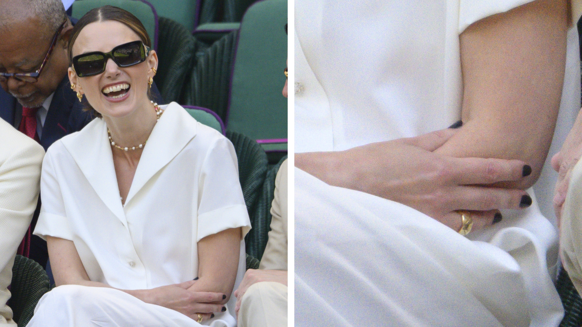 Keira Knightley laughing and wearing a white shirt dress with black short nails