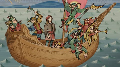 A screenshot of Pentiment showing Andreas on the ship of fools.