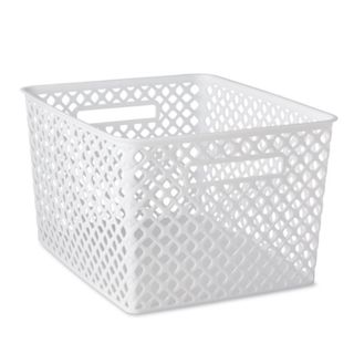 A white storage bin with a pattern